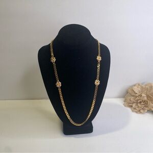 Vintage VB Marked Cuban Gold Tone Chain Necklace With 4 Crystal Flowers